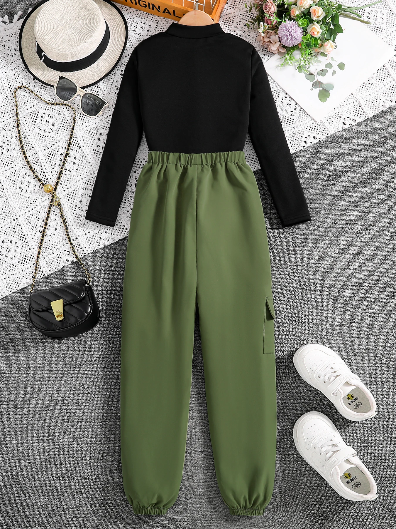 Conjunto de 2 piezas para niños y niñas, ropa de punto con cuello redondo, manga larga y pantalones deportivos verde militar, color negro, primavera y otoño