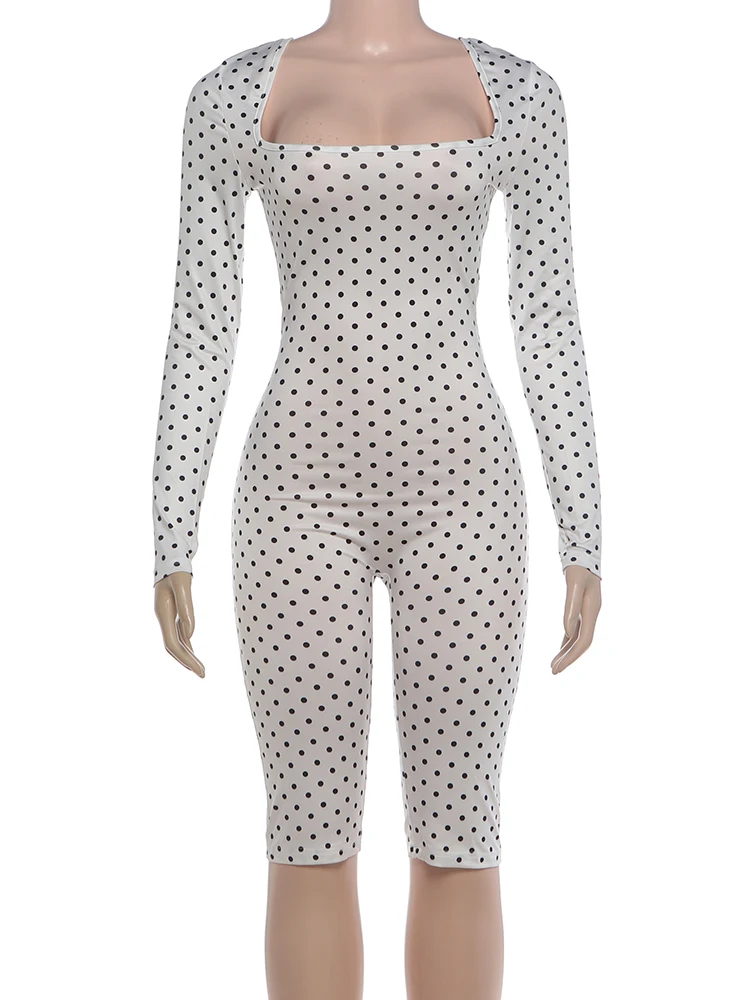 Weird Puss Sexy Mode-Playsuits für Damen, Polka-Dot-Print, quadratischer Kragen, lange Ärmel, figurbetont, Pfirsichfarben, für Mitternachtsclub-Partys – Detail 4