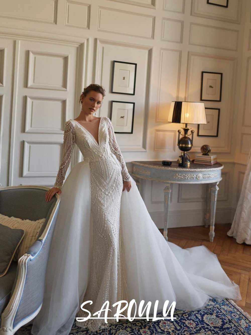 SAROULU Luxury Beaded Lace Wedding Dress With Detachable Train Stunning Sexy V Neck Backless Mermaid Bridal Gown Customized