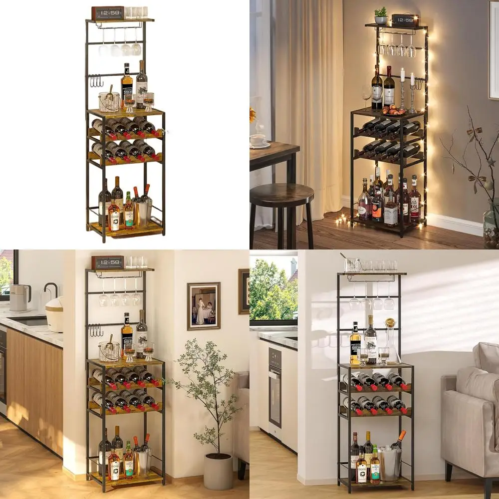 Freestanding 5-Tier Wine Rack with Glass Holder and Hooks, Corner Liquor Bar Cabinet for Small Spaces, Holds 8 Bottles, 11.81 x