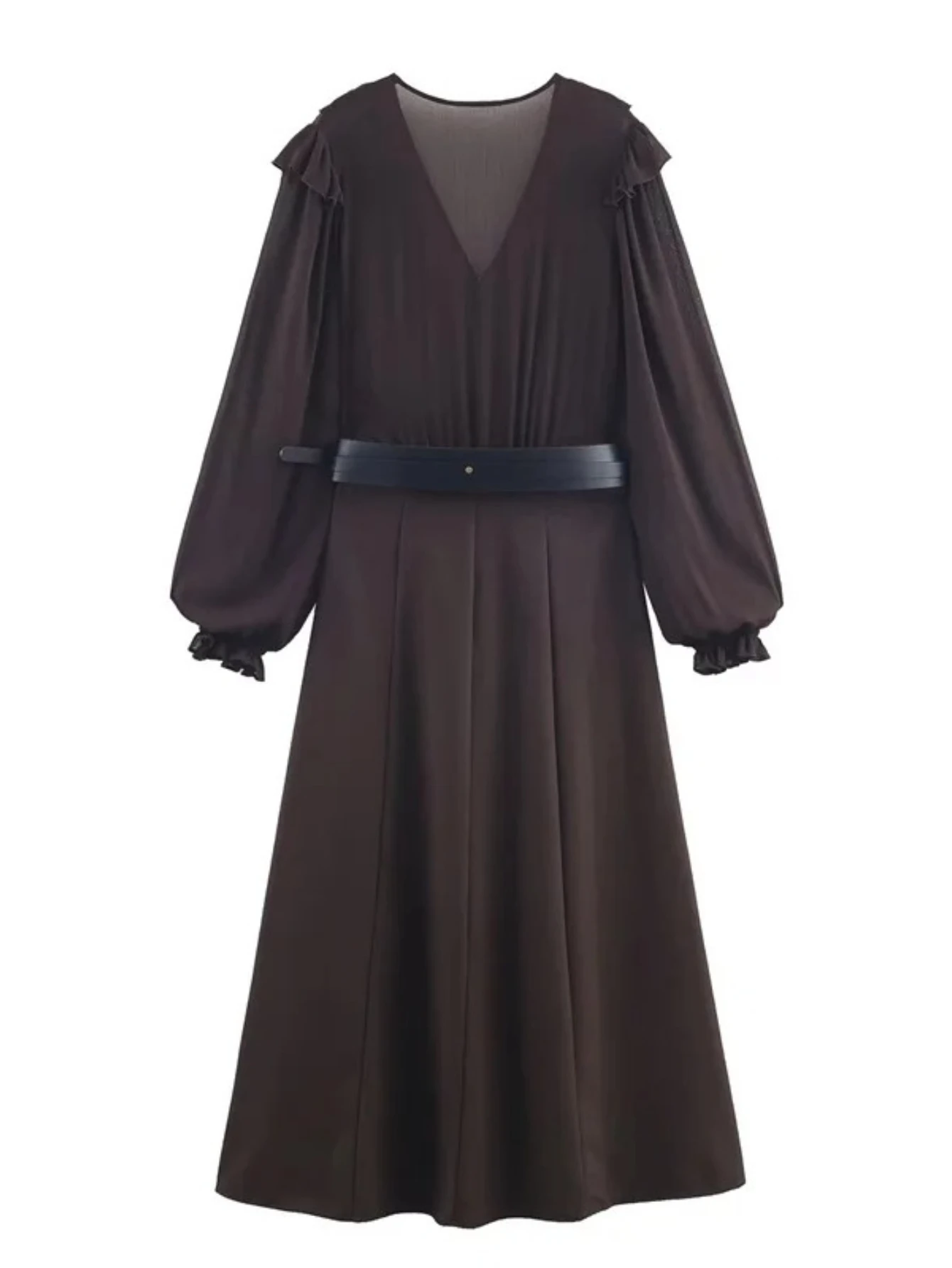 Vestido feminino outono novo vermelho-marrom manga comprida decote em v em camadas