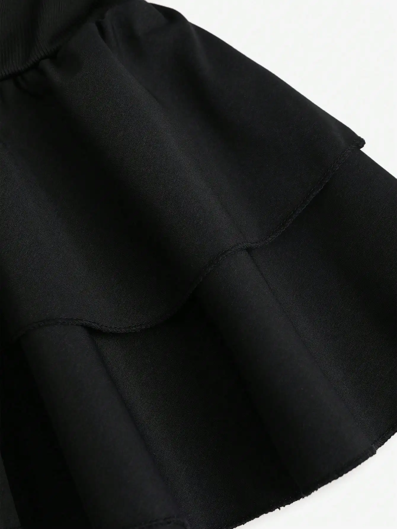 Black Knit & Woven Patchwork V-Neck Ruffle Backless Mini Dress With Ruched Waist, Simple Elegant For Vacation Casual Daily Wear