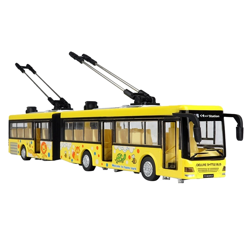 High Simulation 1:50 Alloy Pull Back Double Bus City Bus Model Vehicles Metal Diecasts Flashing Musical Boy Toys Yellow