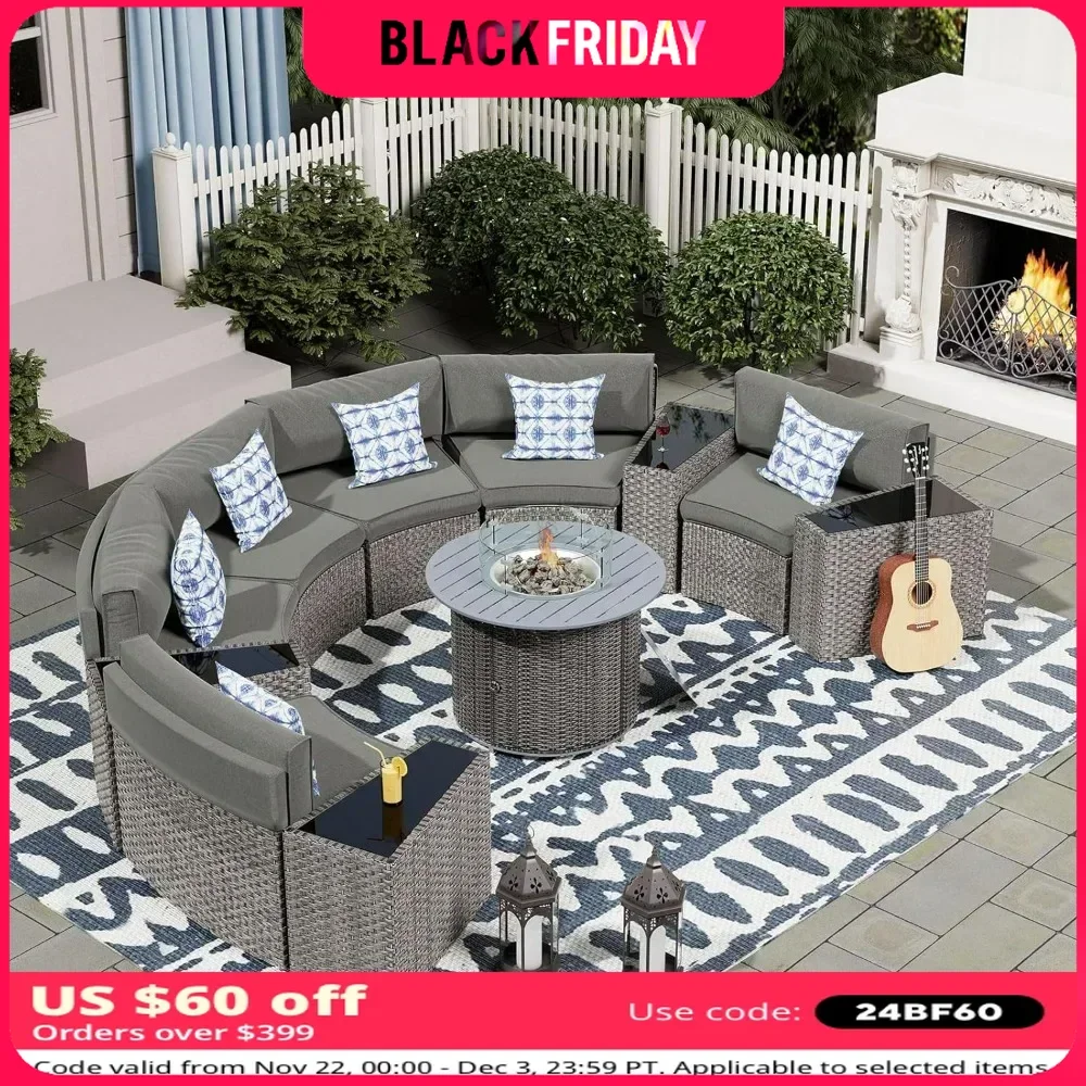 Patio Furniture Set with Fire Pit Table,Integrated Outdoor Sectional 11 Pcs Rattan Modular Curved Sofa Set with Propane Fire Pit