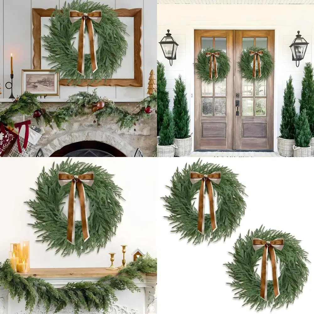 

Пара из 24 рождественских венков Norfolk с бантиками для наружного/в помещении, подходящих для дверей, дома, стола и декора стен.