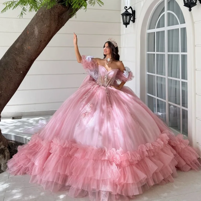 Pink Quinceanera Dress off-shoulder 3D Flower Crystal Decal Long Tail Tull Layering Bow Vestidos De 15 Quinceanera ﻿Customize