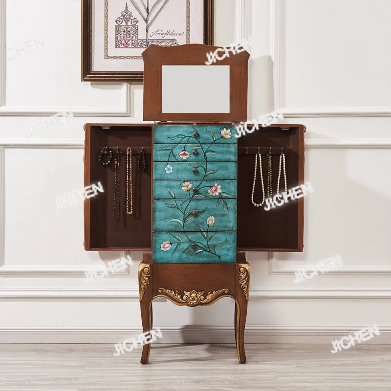 

Комод для прихожей, декоративный шкаф из массива дерева с золотой отделкой, для хранения и организации ювелирных украшений, буфет, в европейском ретро-стиле.