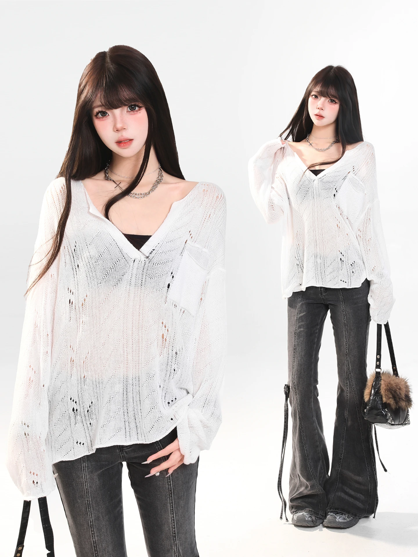 Korean Lazy Style V-Neck Hollow Knitted Sweater Women's Spring Loose Slimming Casual Sunscreen Cover up Overhead Top