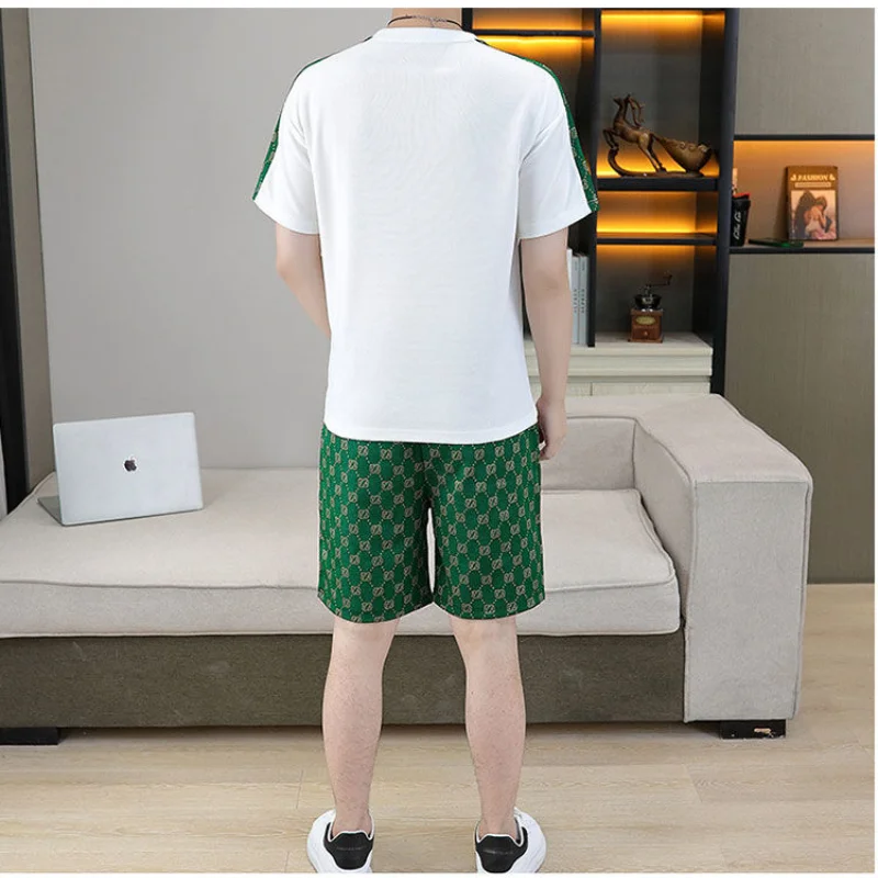 Men\'s Crewneck Fashion Splicing Short Sleeve T-shirt Printed Shorts Set New Summer Youth Trend Loose Casual Sports Two-piece Set