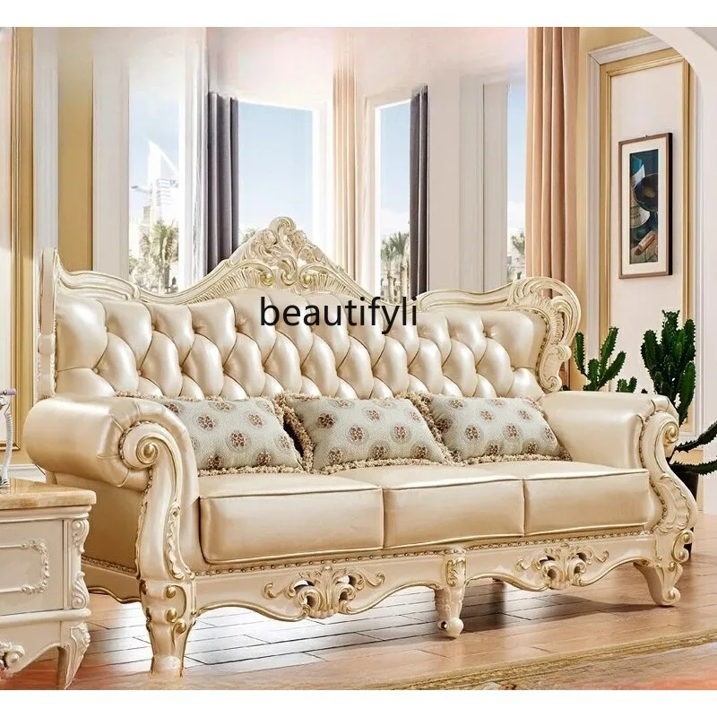 

European leather sofa luxury living room wood carving flower villa leisure white leather sofa