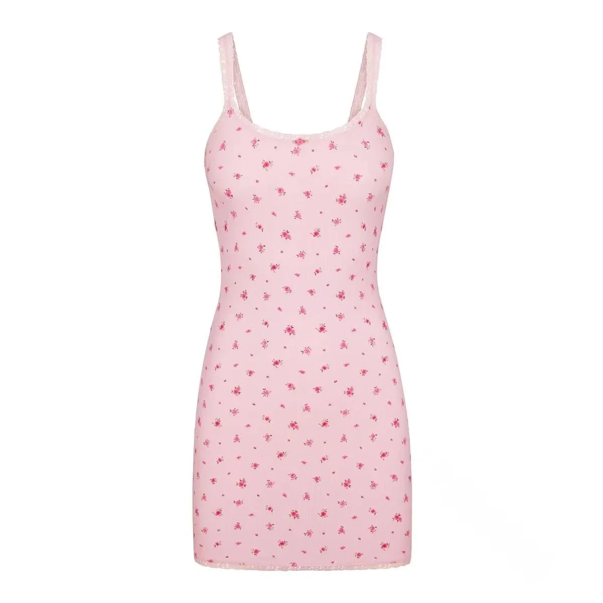 카다이안 플로럴 프린트 핑크 스트랩 오트 스커트 레이스 트림 엘라스틱 랩 바디 롱 드레스 여름 캐주얼 여성용 드레스 면 100%