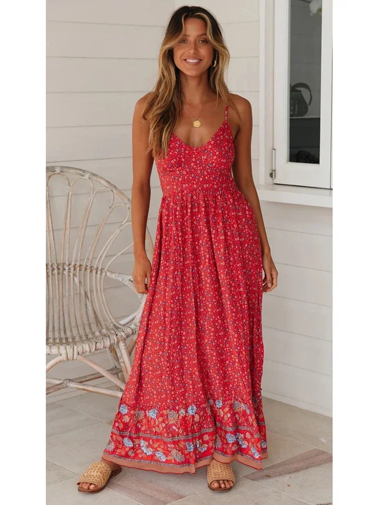 2024 Sommer Maxi Boho Kleid Frauen elegante Blumen kleid Damen Blume V-Ausschnitt ärmellose Riemen Urlaub Bohemian Kleid für Frauen