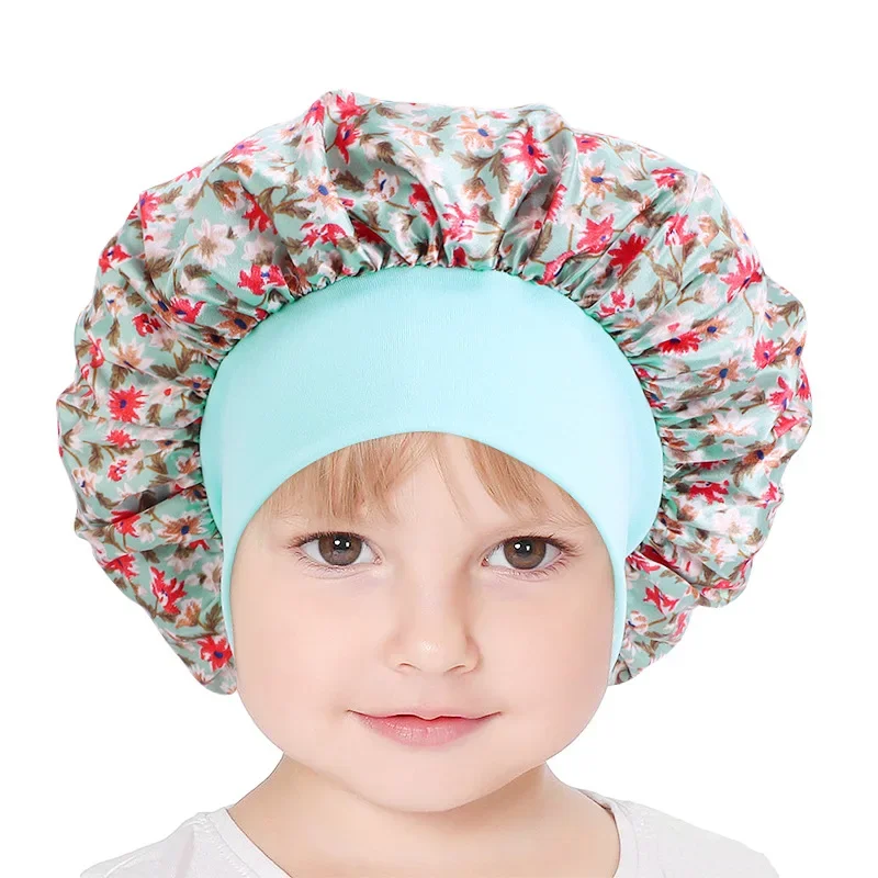 

Wide Brim Stretch Print Baby Bandana Hat Children's Satin Bath Cap Cute Sleeping Cap