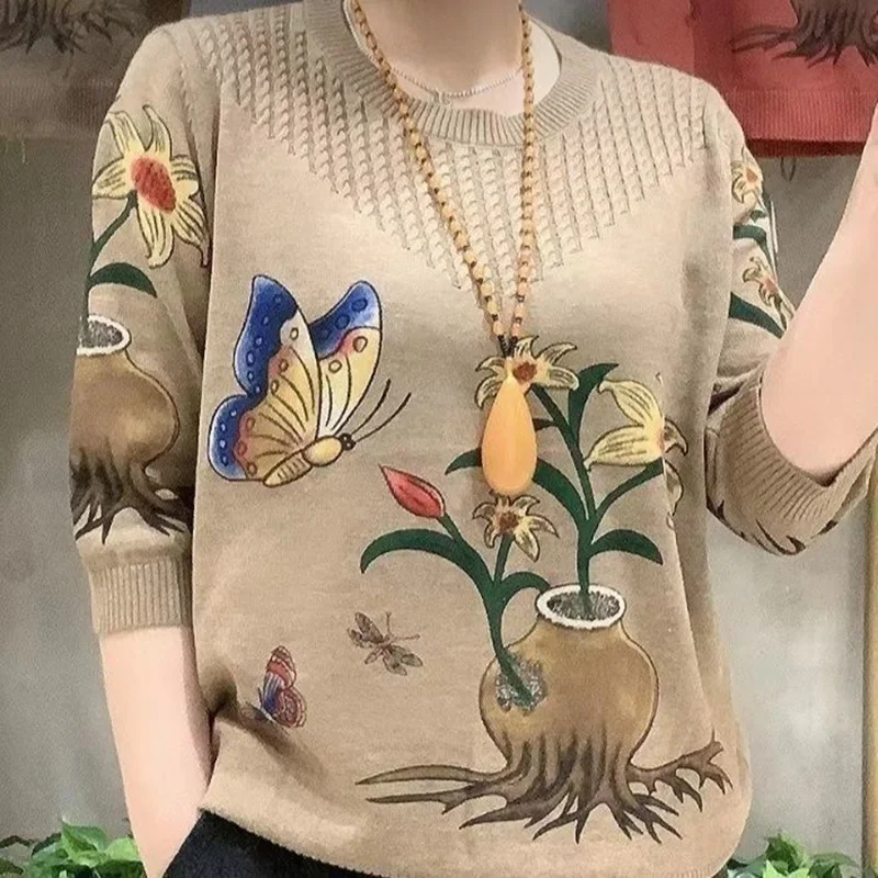 Suéteres estampados de malha com todos os fósforos, pulôveres com gola O, tops soltos, roupas casuais, nova moda, outono, 2023