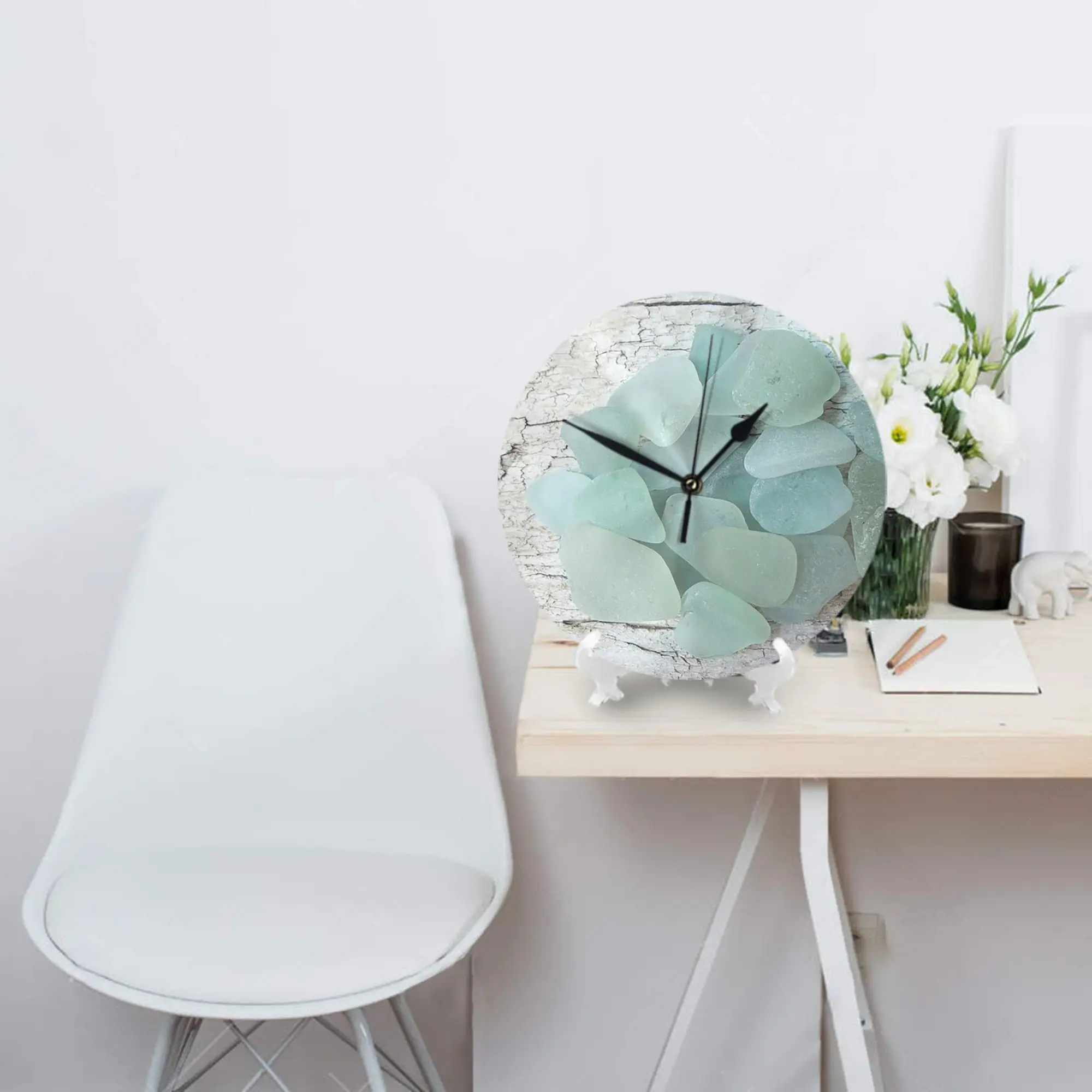 Sea Foam Sea Glass on Weathered Wood Pale Turquoise Wall Clock Room Decoration Silent Round Clock for Bedroom Living Kitchen