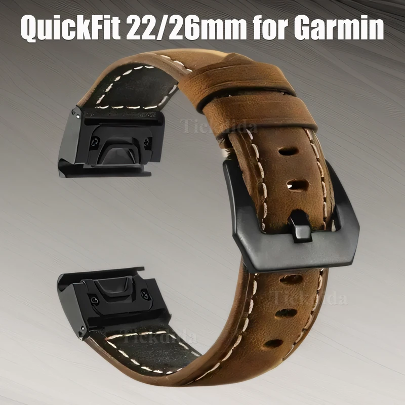 Quickfit 22mm 26mm Leather Strap for Garmin Fenix 8 8X 7X Pro 6X