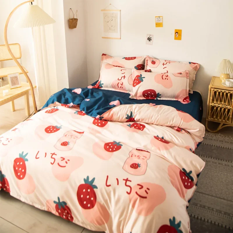 Strawberry Fruit Duvet Cover Sets Milk Print Kids Blush Pink Bedding Set Soft Reversible Cute Love Comforter Cover Bedroom Decor