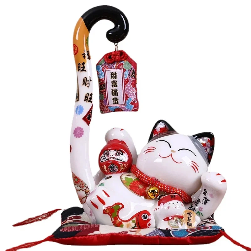 8.6 inch Ceramic Maneki Neko Lucky Cat Money Box Coin Bank Japanese Long Tail Fortune Cat Feng Shui Home Decoration Wedding Gift