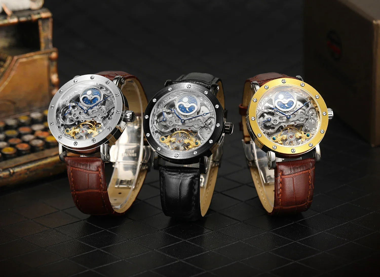 Роскошные бренды, двойной часовой пояс, фаза Луны, автоматические часы с механизмом, механические мужские наручные часы из натуральной кожи, оригинальные мужские часы