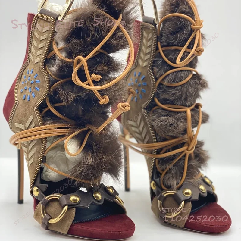 Gray Velvet Rope Wrapped Reddish Brown Boots Women Open Stiletto Suede Sandals Fringe Totem Print Cool Girl Wild Lace Heels Shoe