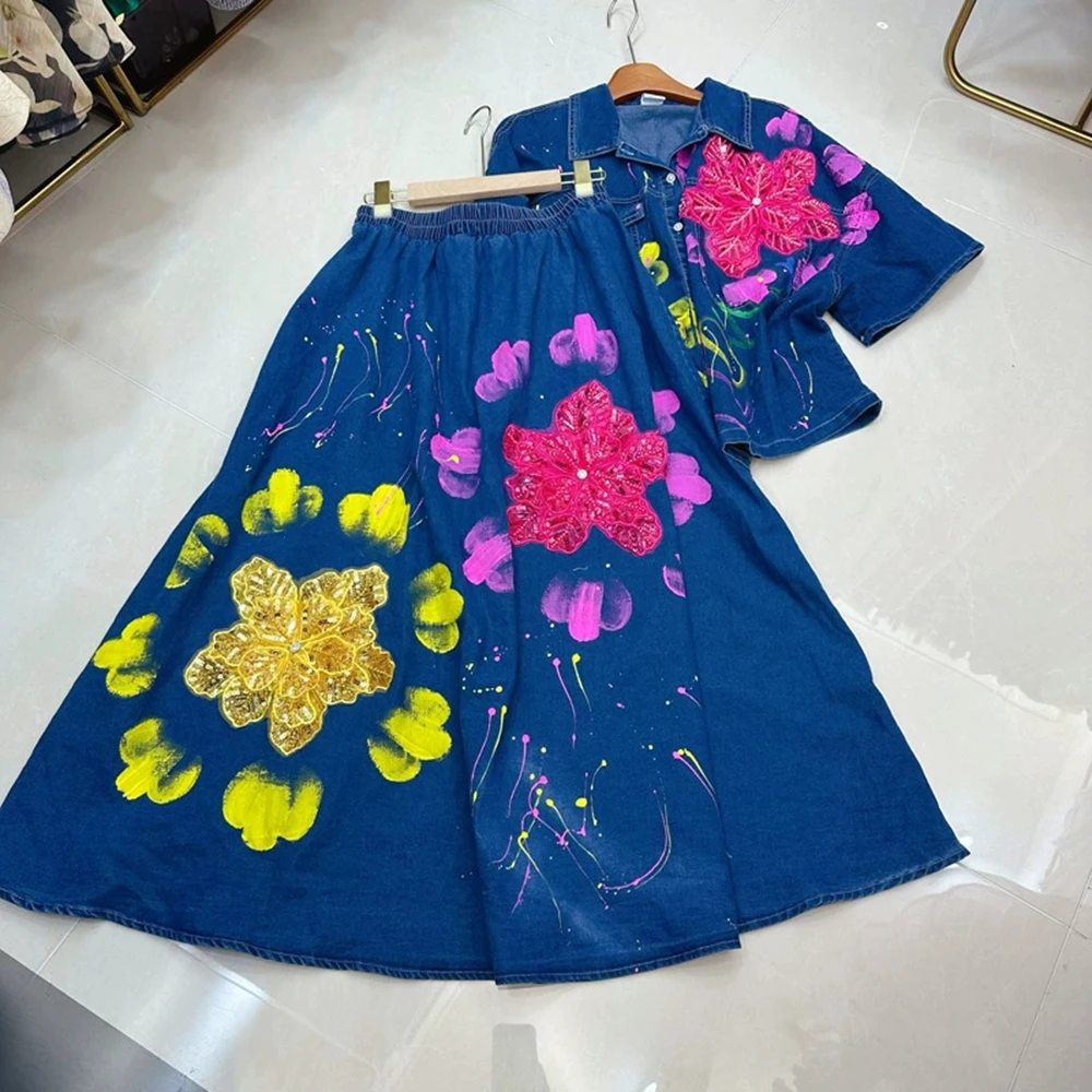

New European, American and Australian heavy-duty flower sequin design denim shirt + skirt suit-GZXX345