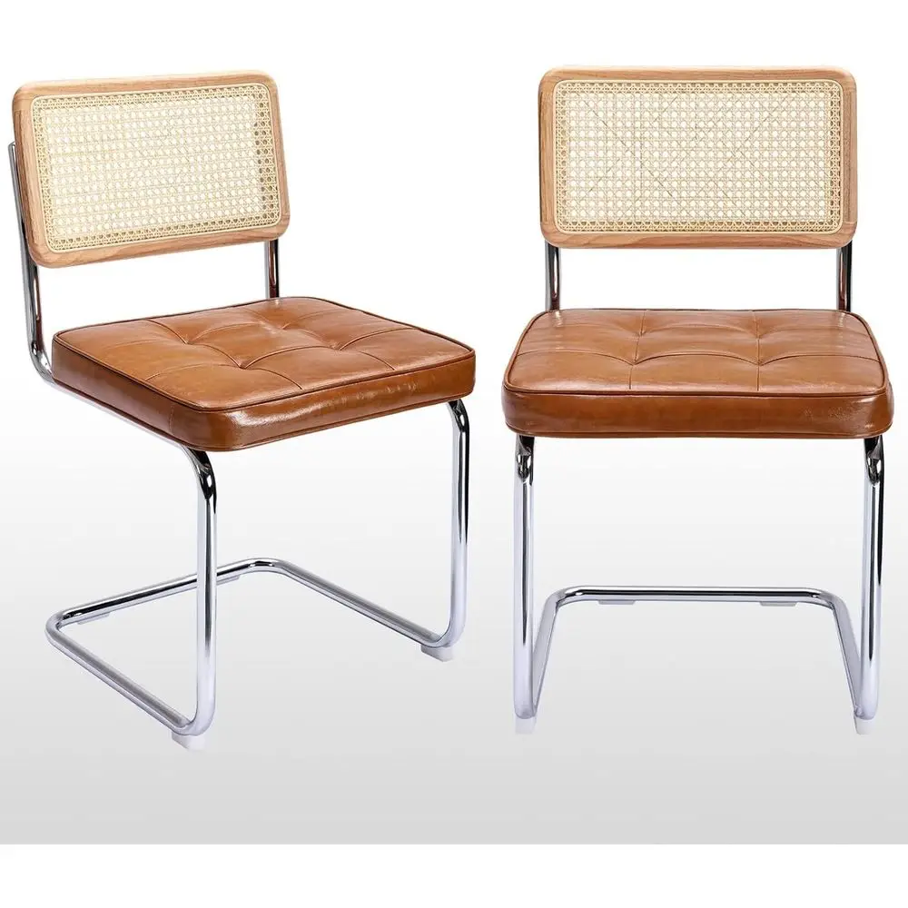 Rattan Dining Chairs Set of 2 with Solid Wood Back, Inspired by Century Breuer Design, Upholstered in Brown Leatherette