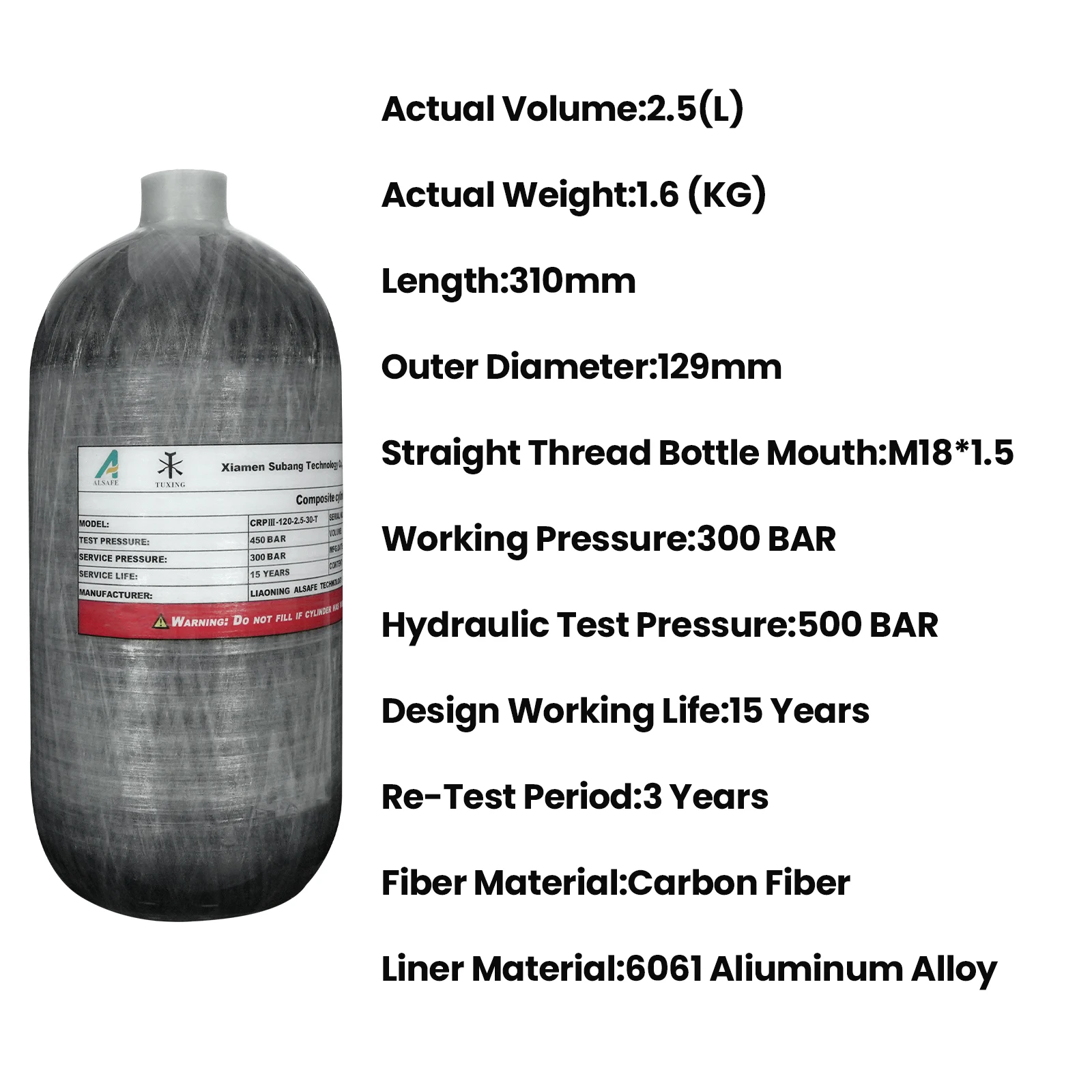 Imagem -04 - Tuxing 300bar 4500psi 2.5l Cilindro de Fibra de Carbono Cilindro o com Válvula Reguladora Tanque Hpa para Mergulho M18 1.5 de Alta Pressã