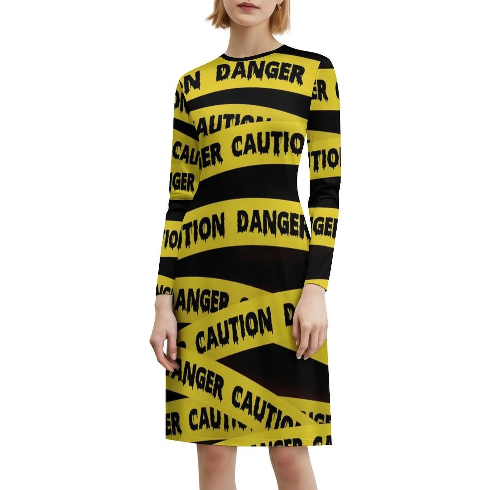 الحذر الشريط خطر الجريمة المشهد الشريط البوهيمي أكمام فستان متعدد طباعة الشاطئ عطلة فستان حفلة الحذر الشريط خطر الجريمة #6