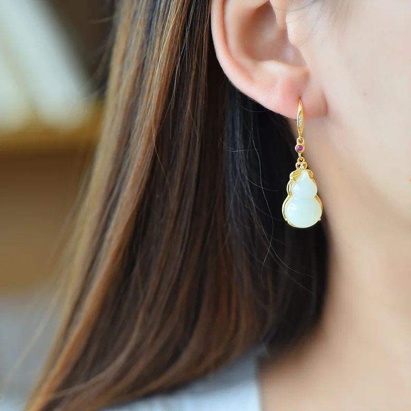 SGARIT Authentic Jadeite Hetian White Jade S925 Silver 12*39mm Gourd Hulu Hook Earrings Double Blessings Wealth Attraction