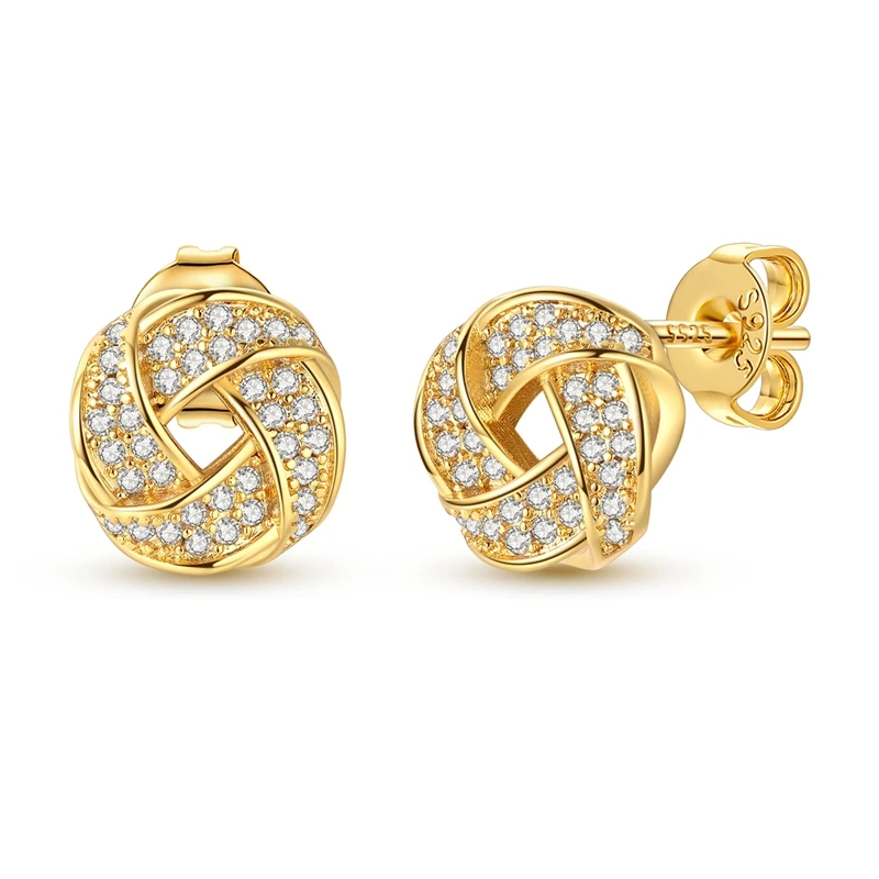 

925 Sterling Silver Earrings Women Sparkling Golden Twisted Knot Stud Earring For Anniversary Wedding Jewelry Gifts