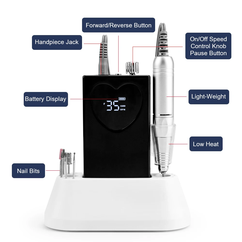 Professional Salon Heart Shape Nail Drill 35000rpm Electric Rechargeable Machine Remove Acrylic Manicure efile Art Gel