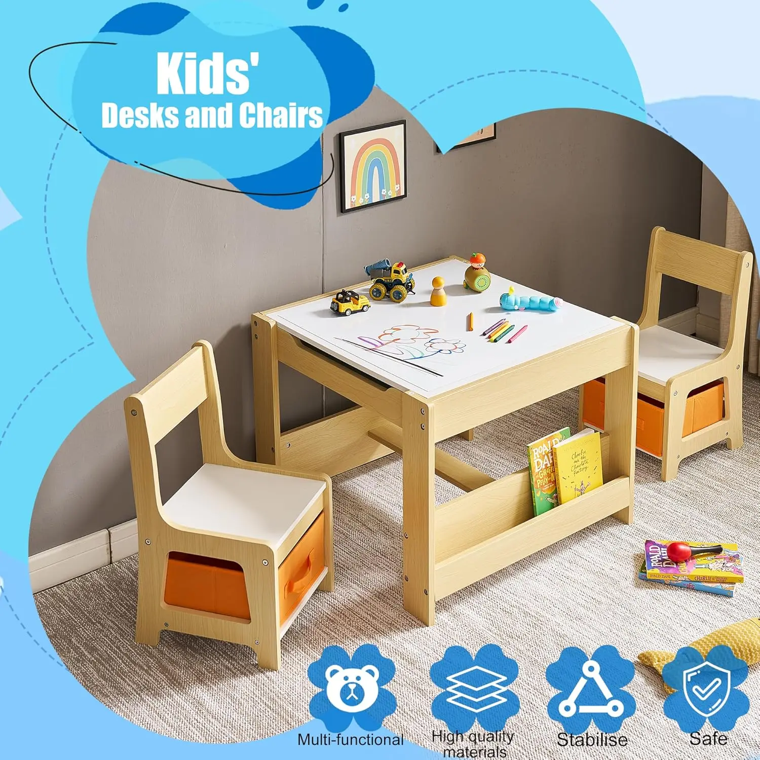 Chair Set, 4 in 1 Wooden Activity Table with Bookshelves and Storage Drawer, 2 in 1 Detachable Tabletop Construct