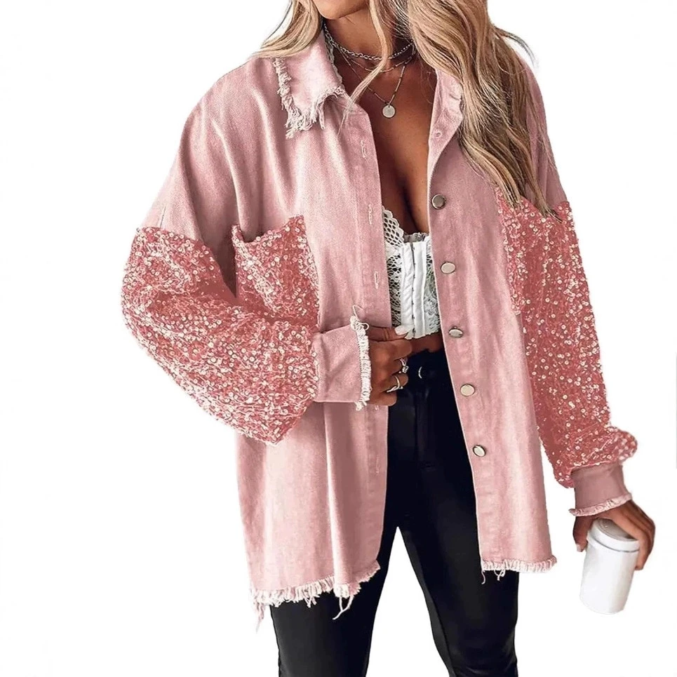 spring autumn women long sleeve Sequins denim jacket 2025 new women Splicing laple denim coat women slim jacket outwear - view 4