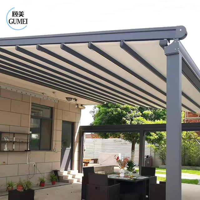 Install Easily Operable Outdoor Pergola All Seasons Retractable Roof Self-supporting Roof Gazebo