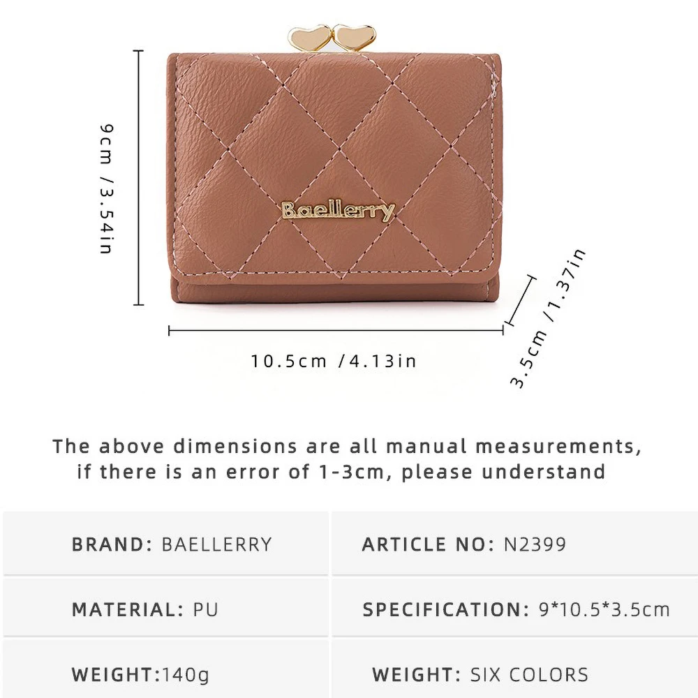 Женский короткий кошелек из веганской кожи Baellerry Heart Pattern на молнии, кошелек-клатч с несколькими органайзерами для карт, застежка-кнопкой