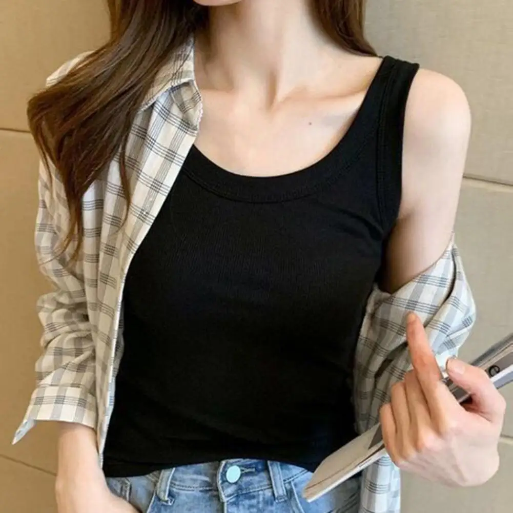Women Summer Vest U Neck Sleeveless Wide Shoulder Straps Solid Color Ribbed Tops Elastic Thin Casual Top