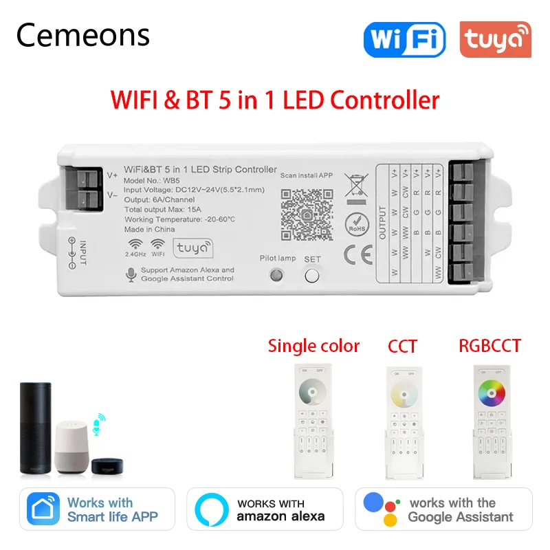 Smart WiFi LED Controller, WB5, BT 5 em 1, 2.4GHz, RF, RGBCCT, Controlador Remoto para Cor Única, RGB, RGBW, Dual, White LED Strip