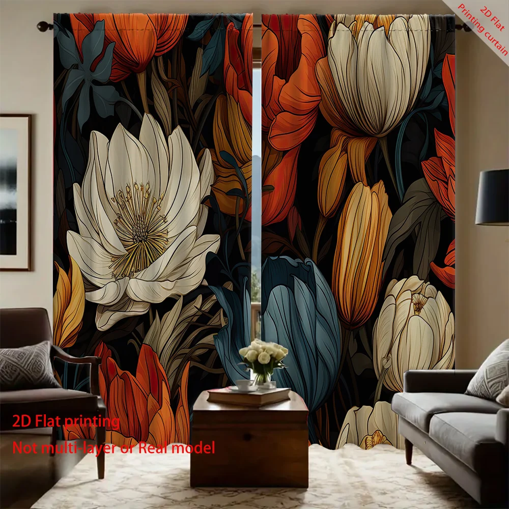 Retro floral sunflower printed curtains, dormitory office bedroom living room sunshade curtains, aesthetic home decoration