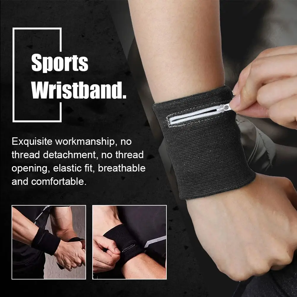 Sports Wristband With Zipper Pocket For Keys Coins Cards Sweat Absorbent Elastic Fit Ideal For Running Gym Cycling Basketball