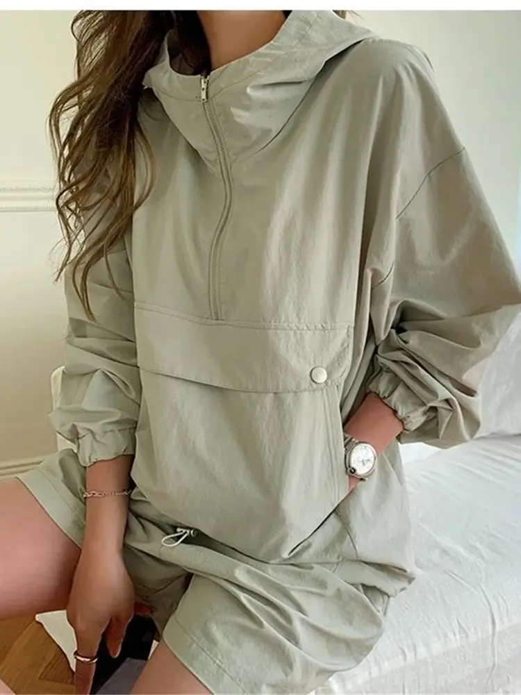 Mùa Hè Nữ Phù Hợp Với 2 Cái Bộ Hoodie Nữ Tay Áo Khoác Và Quần Short Nữ Thu Đông Cổ Phù Hợp Với Áo