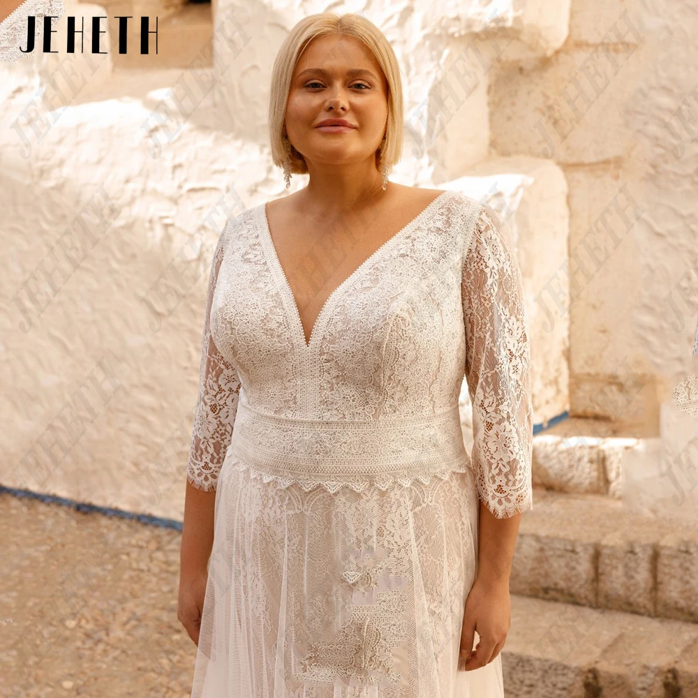 JEHETH Exquisite Wedding Dresses Plus Size For Woman 3/4 Sleeves V-Neck Bride Gowns Lace Applique A-Line Boho vestidos de novia