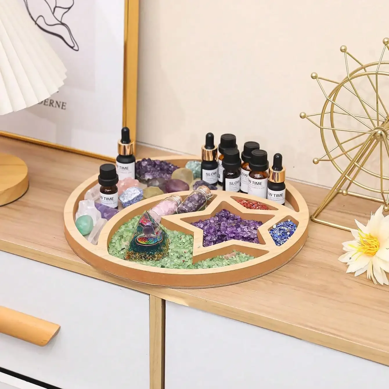 قطعة واحدة من صينية كريستال على شكل نجمة القمر - حامل عرض خشبي لأحجار الشفاء |   ديكور المنزل وفكرة هدية |   تنظيم وعرض البلورات