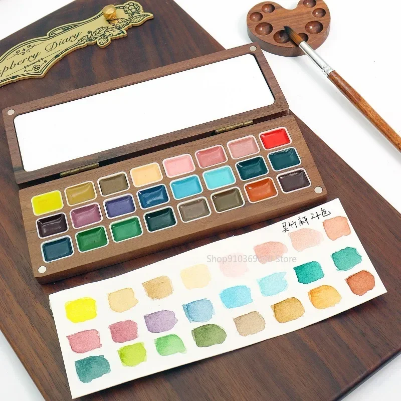 24 Colors 1ml Solid Watercolor Pigment Wooden Box with Palette Handmade Solid Pigment Painting Portable Nail Art Supplies