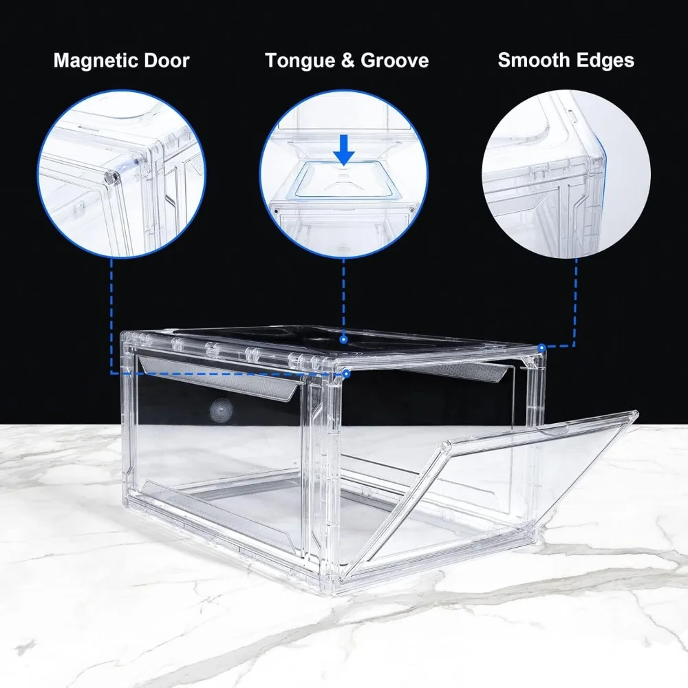 Clear Acrylic Shoe Storage Boxes - 12 Pack, Drop Front Design for Easy Access, Stackable Sneaker Organizers