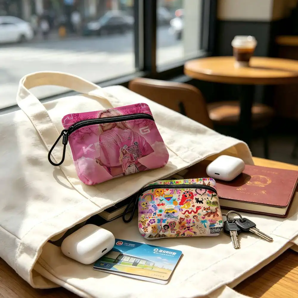 Singer Album K-KAROL G Cloth Coin Purse With Carabiner Hook Portable Key Card Wallet Small Zipper Storage Pouch