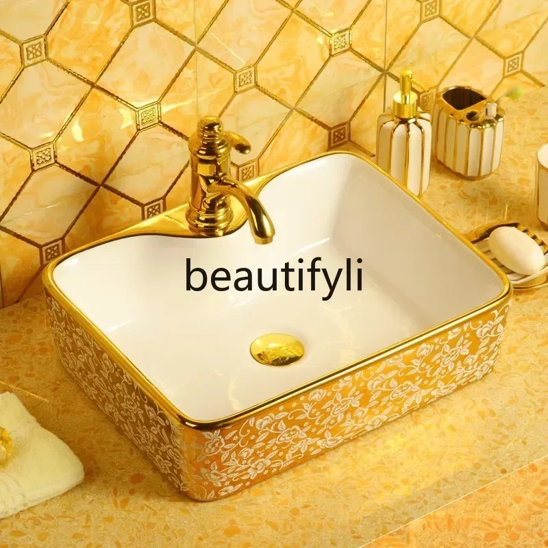 Hot sales European-style gold table wash basin ceramic art basin household gold rectangular table wash basin