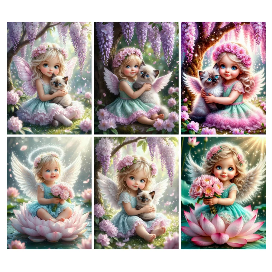 Diy Diamond Embroidery Cartoon Angel Girl and Cat Picture Diamond Painting Full Drill Cartoon Mosaic Cross Stitch Kit Wall Decor