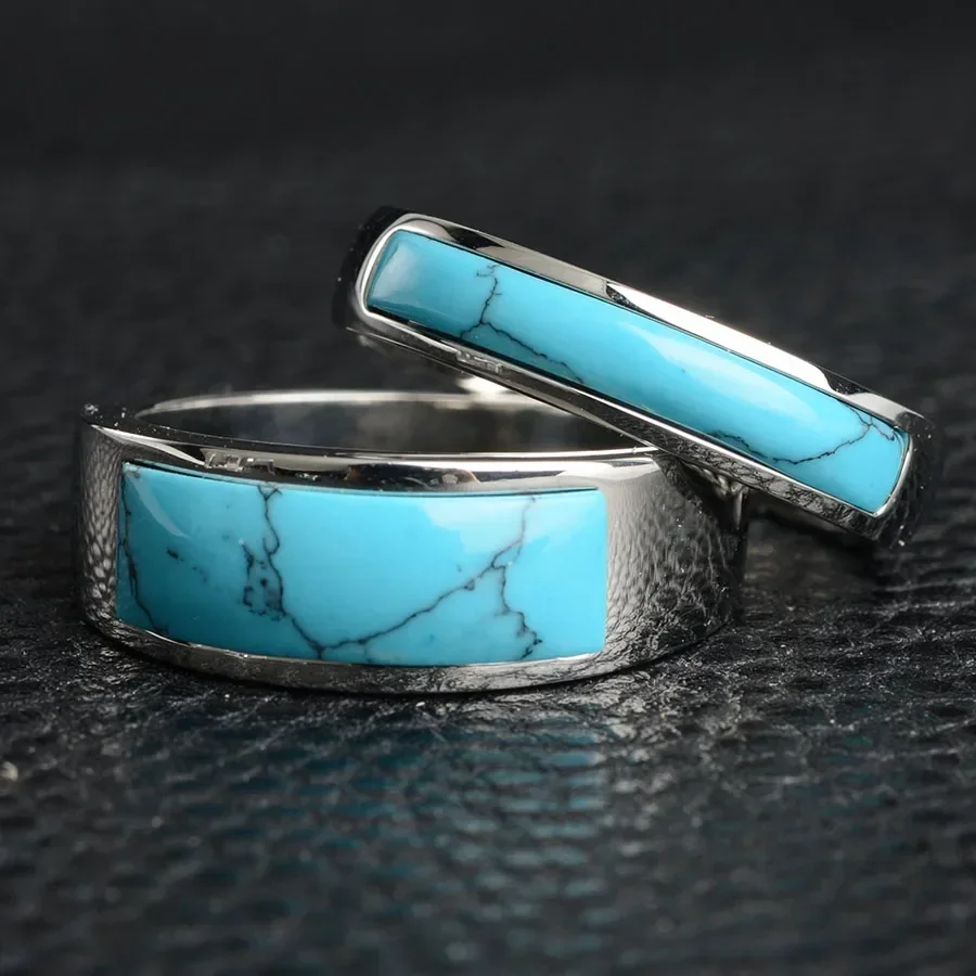 8mm Man Ring with Blue Turquoise High Quality Fashion Men Stainless Steel Party Birthday Gift Jewelry Wedding Ring for Women Men