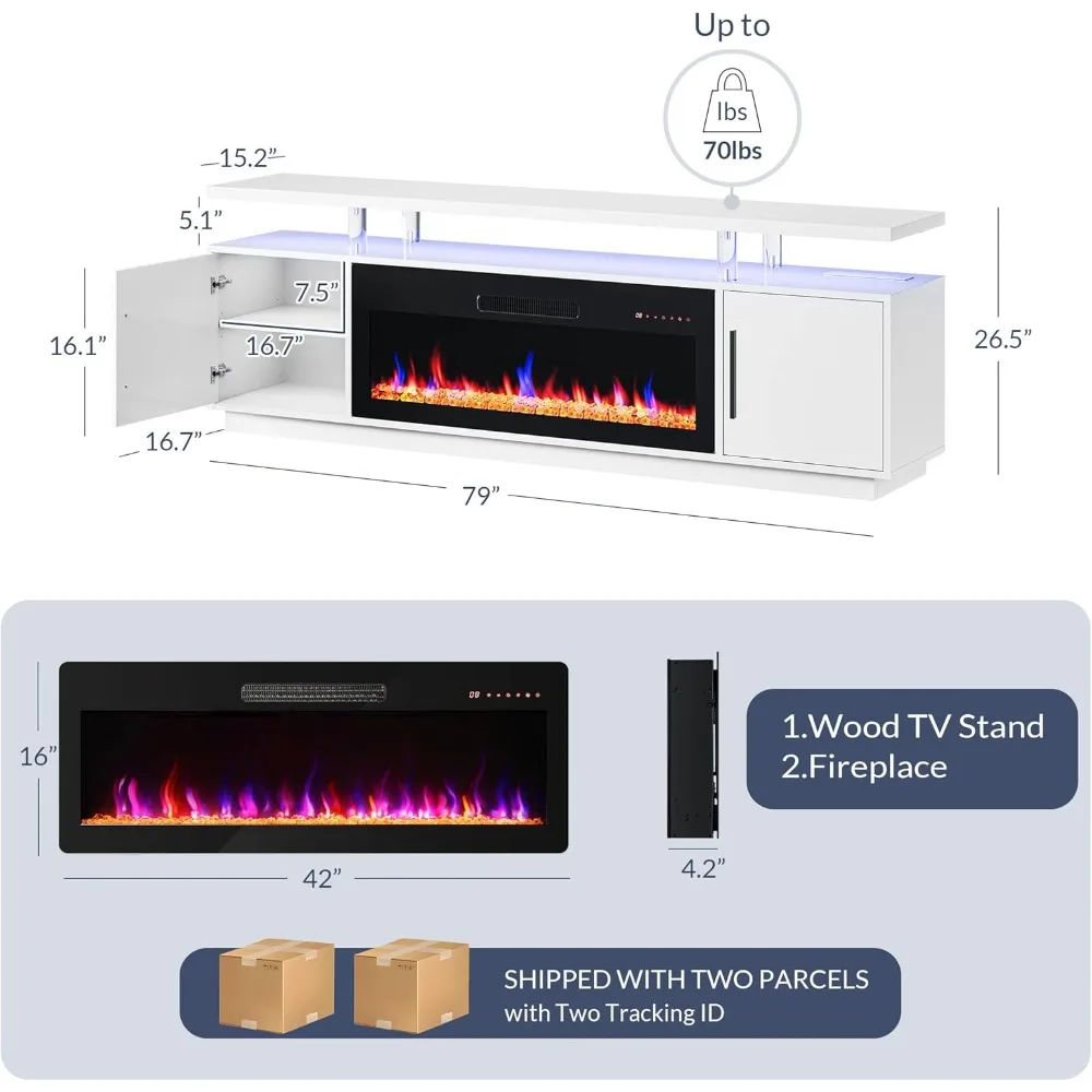 BELLEZE 79 Soporte para TV para televisores de hasta 85, centro de entretenimiento con luz LED y 42 calentadores de chimenea eléctrica, gabinete de almacenamiento con USB