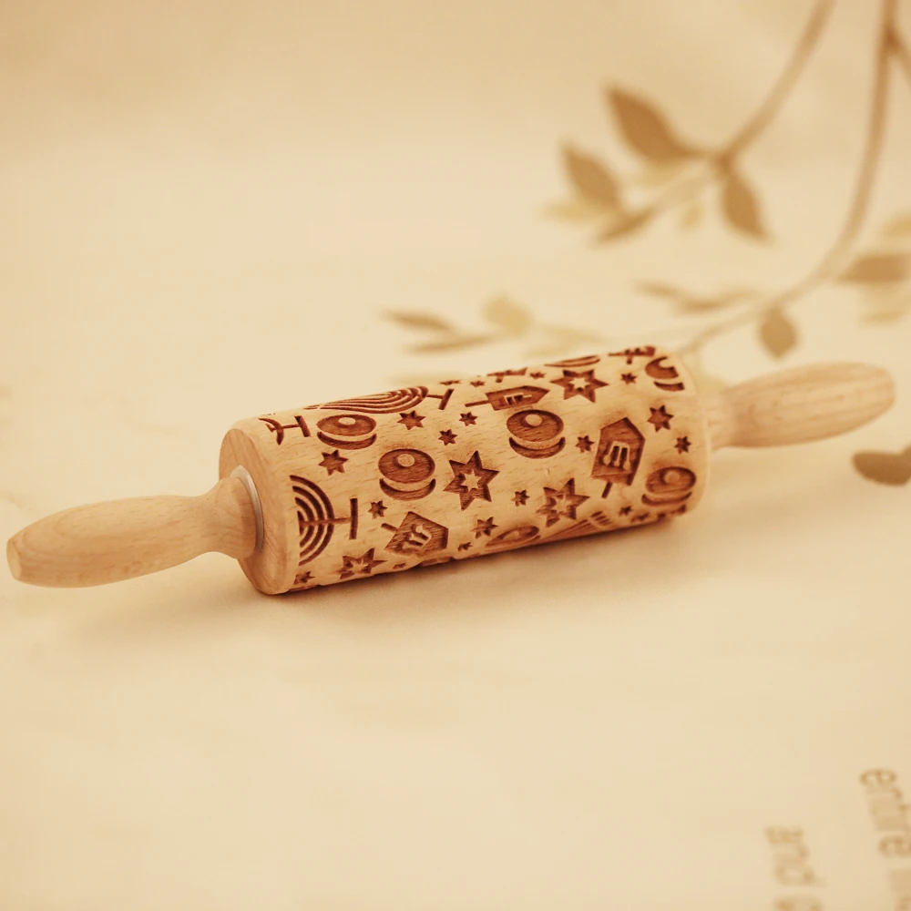 Arjmide Hanukkah Menorah Rolling Pin for Baking Deep Engraved Wooden Embossed Judaism Mini Small Rolling Pin For Kid Cookie Tool